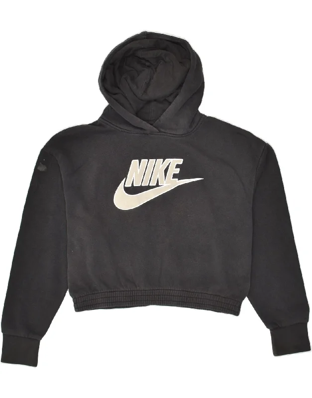 NIKE Womens Graphic Crop Hoodie Jumper UK 10 Small Black Cotton