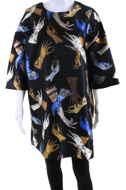 Rochas Womens Silk Blend Gloves Print 2015 Dress Black Multi Colored