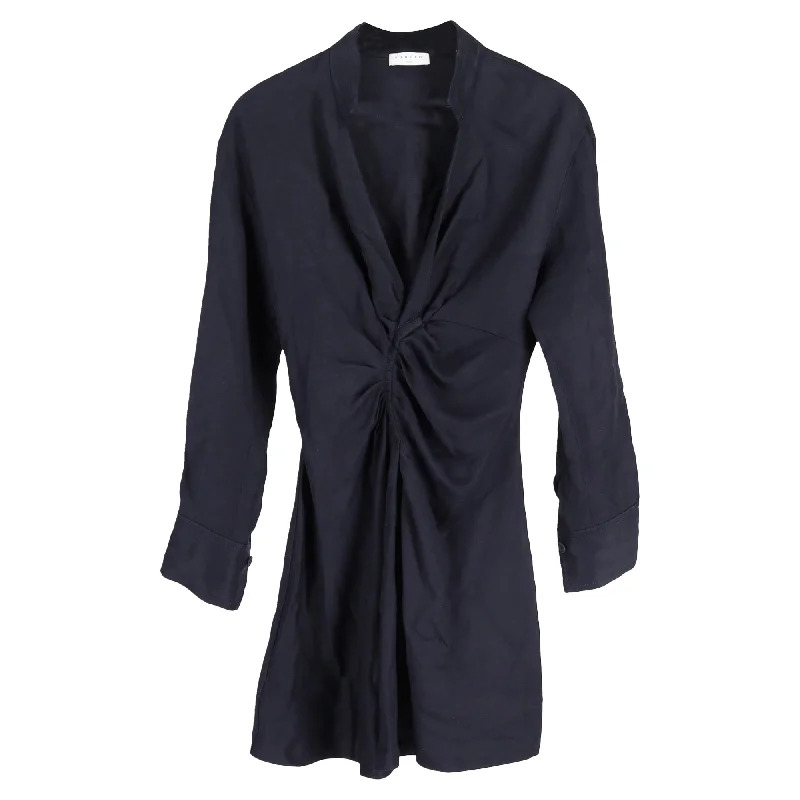 Sandro Paris Gathered Front Detail Mini Long Sleeve Dress in Navy Blue Viscose