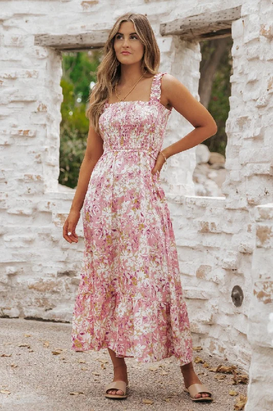 Caribbean Pink Floral Smocked Maxi Dress