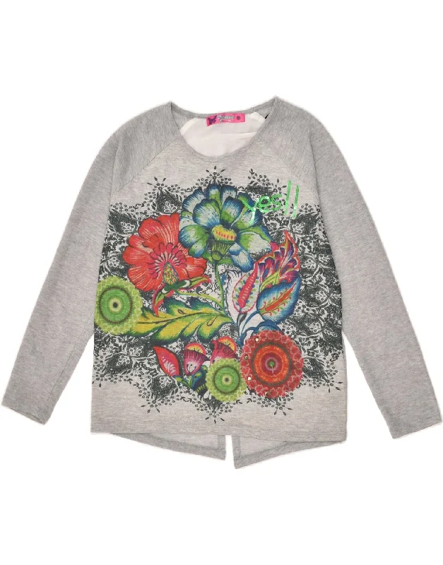 DESIGUAL Womens Graphic Crew Neck Jumper Sweater UK 16 Large Grey Floral