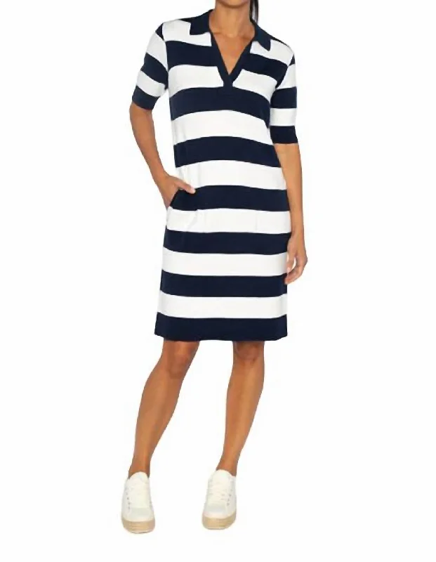 Splitneck Polo Dress In Navy/white