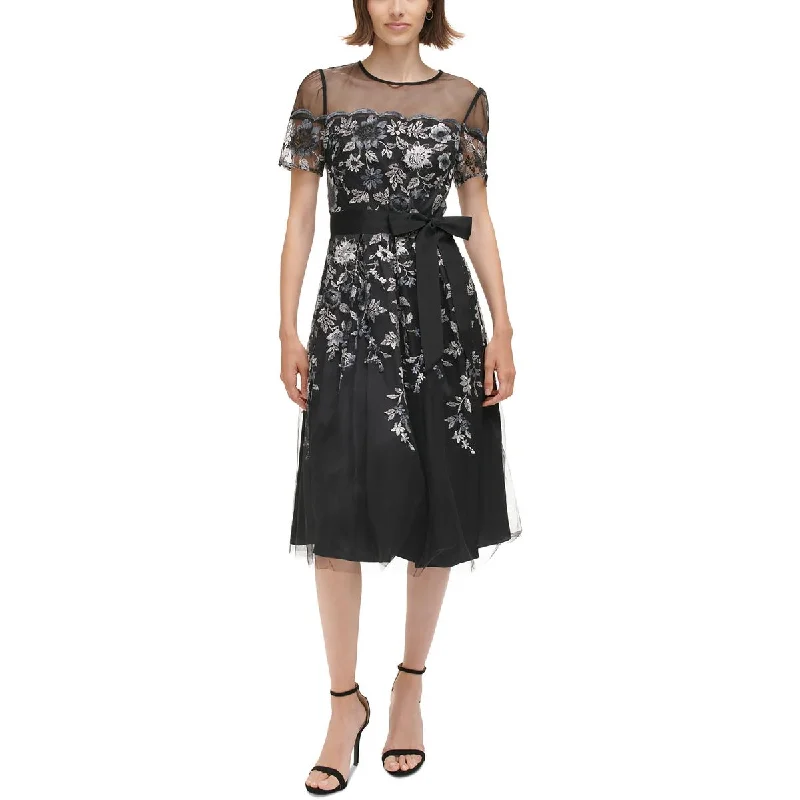 Womens Metallic Embroidered Midi Dress