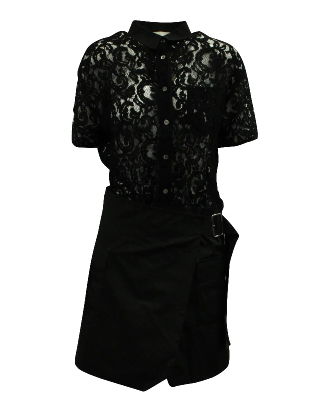 Sacai Luck Lace Wrap Skirt Shirt Dress in Black Rayon