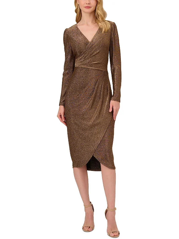 Plus Womens Metallic Faux Wrap Evening Dress