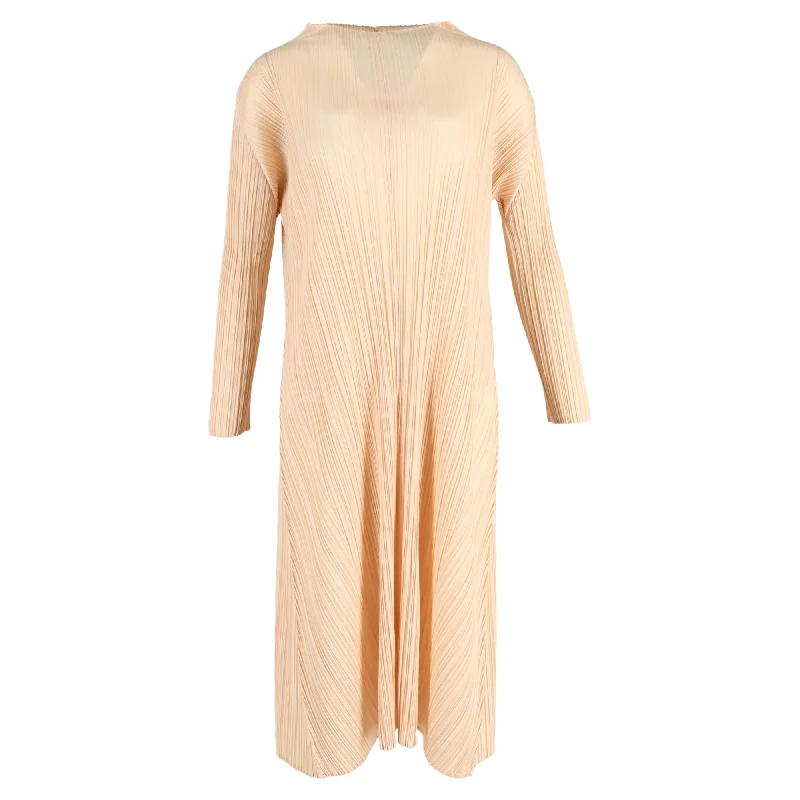 Issey Miyake Pleated Midi Long Sleeve Dress in Nude Polyester