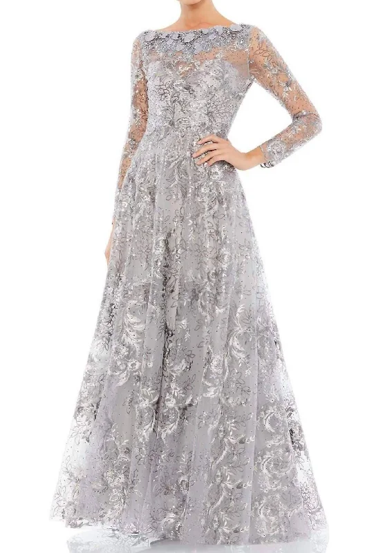 Scoop Long Sleeve Gown In Sterling