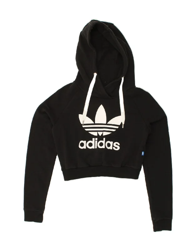 ADIDAS Womens Graphic Crop Hoodie Jumper UK 6 XS Black Cotton