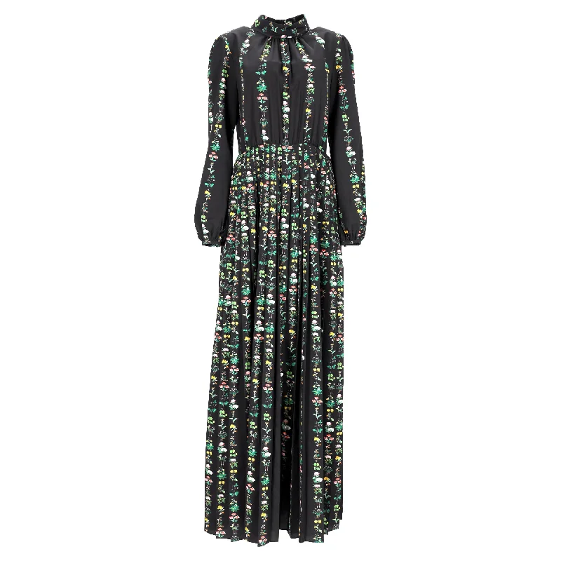 Adam Lippes Floral Crepe De Chine Pleated Maxi Dress In Black Polyester