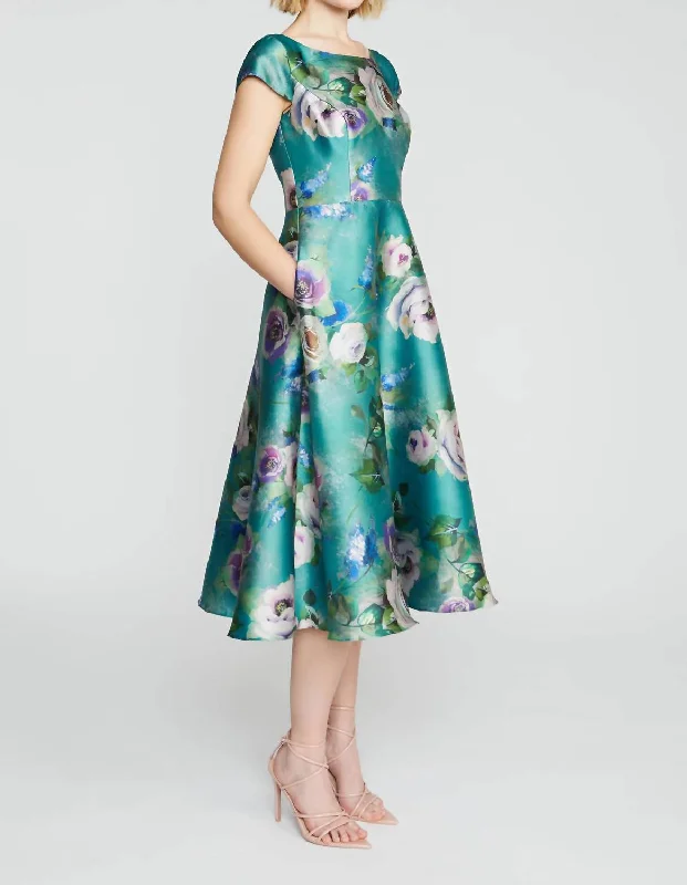 Paula Mikado Floral Tea Length Dress In Rose Sonnet