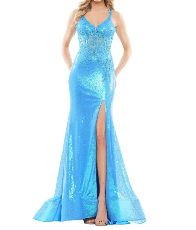 Mermaid High Slit Gown In Turq