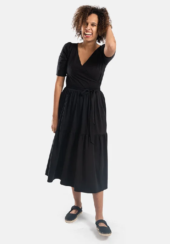 Murphy Black Tiered Hem Cotton Midi Dress