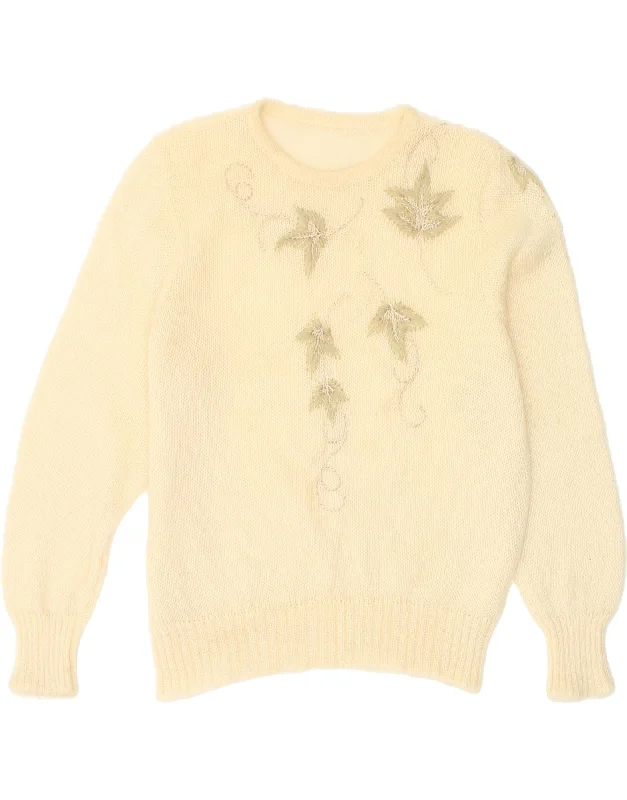 VINTAGE Womens Crew Neck Jumper Sweater UK 14 Medium Beige Floral Mohair