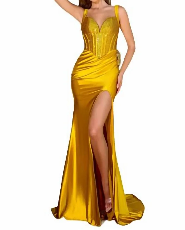 Thigh-High Slit Prom Dress In Yellow