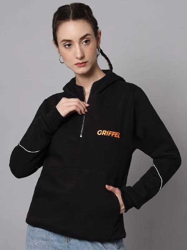 Griffel Women’s Cotton Fleece Full Sleeve Hoodie Black Half Zip Sweatshirt