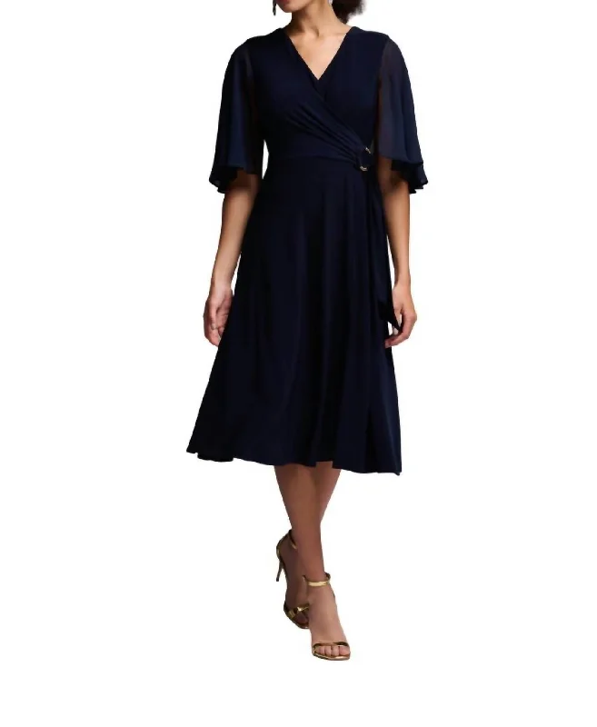 V-Neck Flutter Sleeve Dress In Midnight