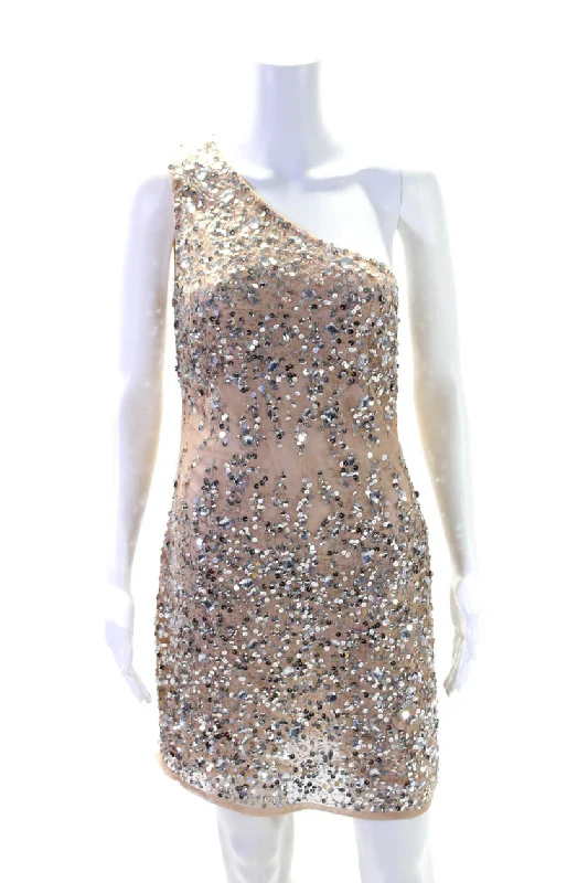 Mac Duggal Womens Sequined One Shoulder Sleeveless Dress Nude Beige