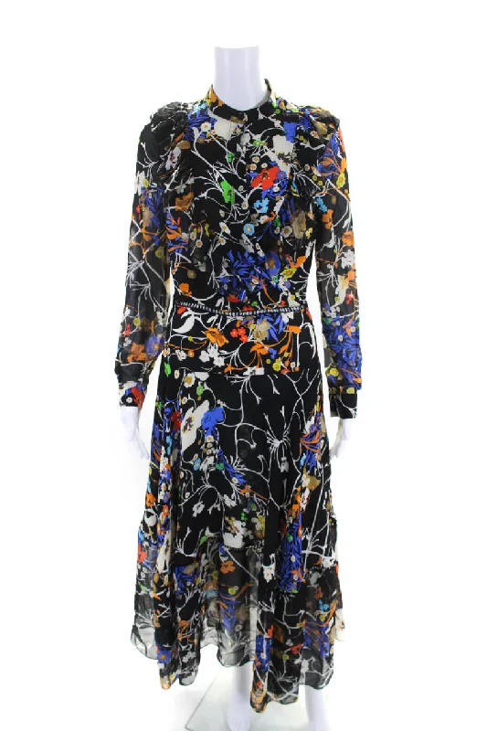 Preen By Thornton Bregazzi Womens Black Ruffle Floral V-Neck Shift Dress