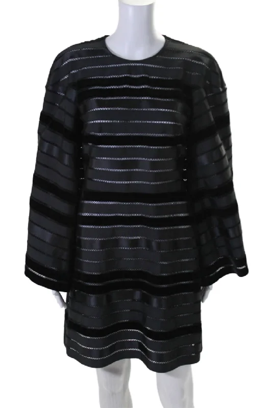 Thom Browne Womens Black Velvet Trim Bell Long Sleeve Shift Dress