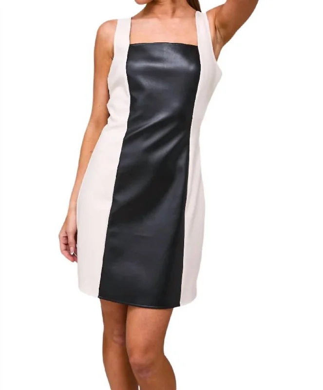 Faux Leather Colorblock Dress In Black/white