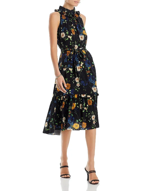 Ryan Womens Floral Print Ruffled Midi Dress