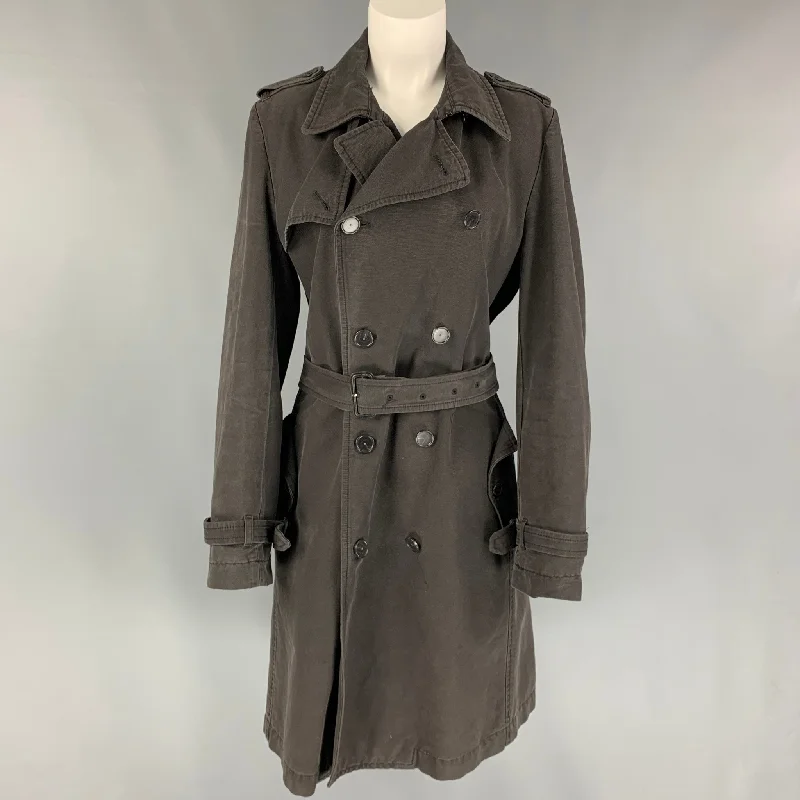 VERONIQUE BRANQUINHO Size 12 Charcoal Cotton Double Breasted Belted Trench Coat