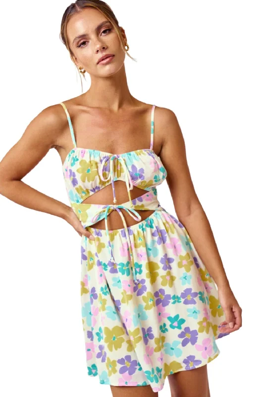 FLORAL CUT OUT SMOCKED BACK STRAPPY MINI DRESS