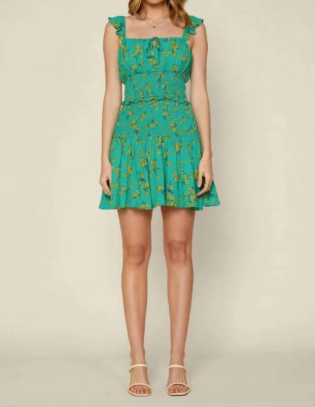 Floral Smocked Mini Dress In Green/yellow