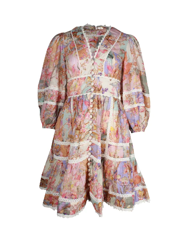 Zimmermann Cira Lantern Puff-sleeve Floral Mini Dress in Multicolor Linen