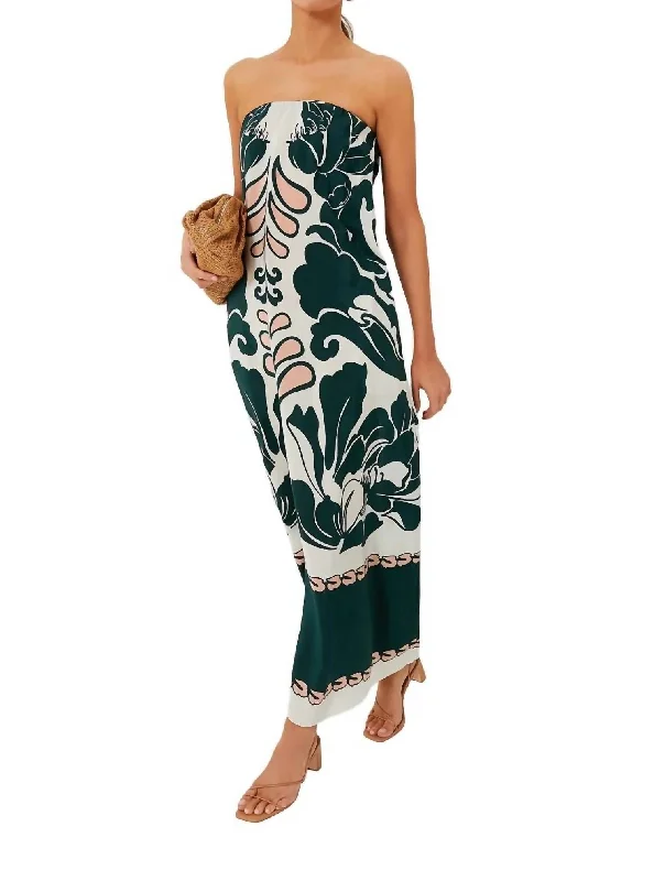 Spray Of Flower Strapless Long Dress In Dark Green