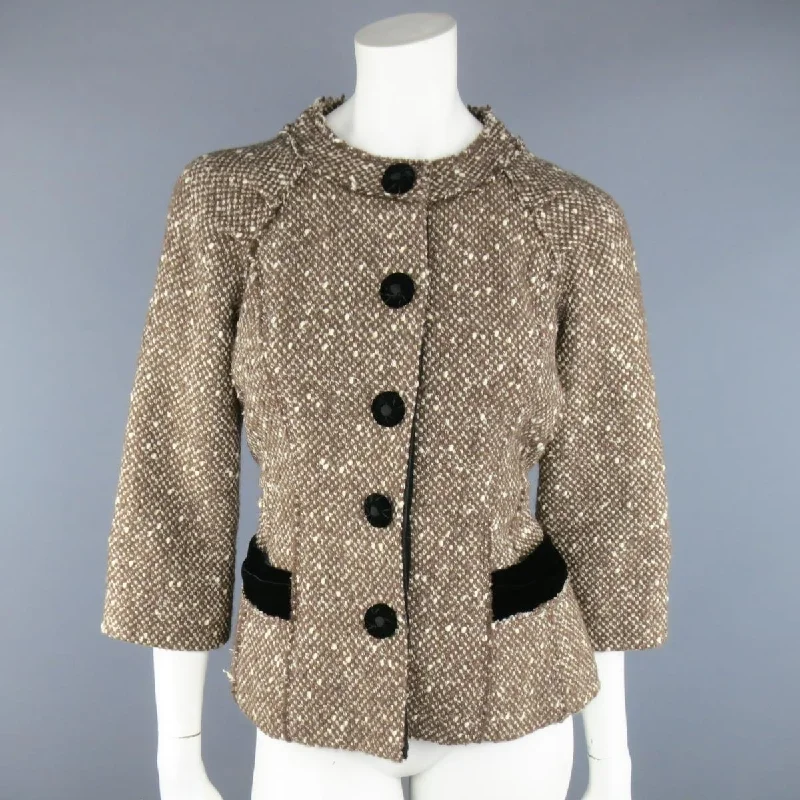 MARC JACOBS Size 4 Light Brown & Cream Wool Tweed & Black Velvet Jacket