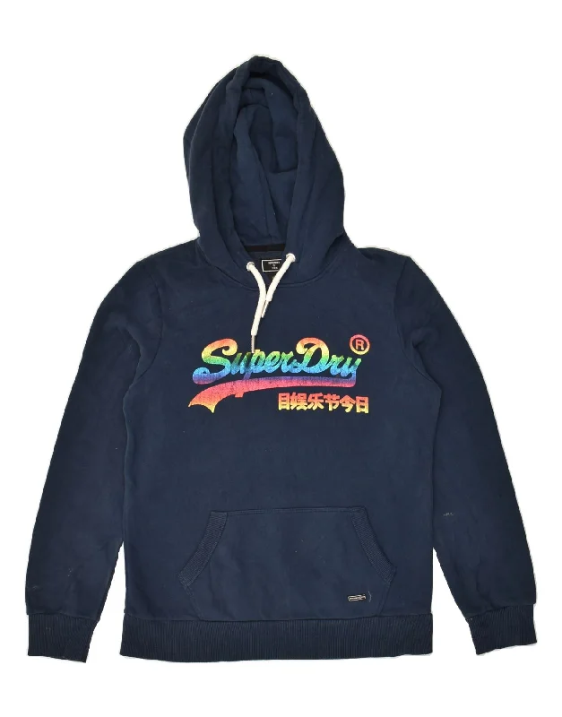 SUPERDRY Womens Graphic Hoodie Jumper UK 12 Medium   Navy Blue Cotton