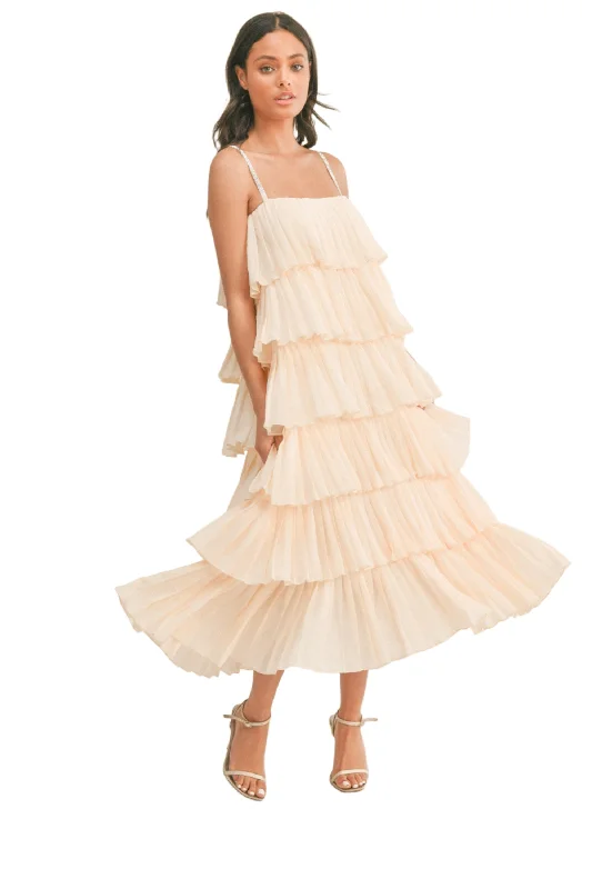 RUFFLE TIER MIDI DRESS WITH RHINESTONE STRAPS