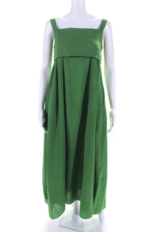 Adeam Womens Green Square Neck Tie Back Sleeveless A-Line Park Dress