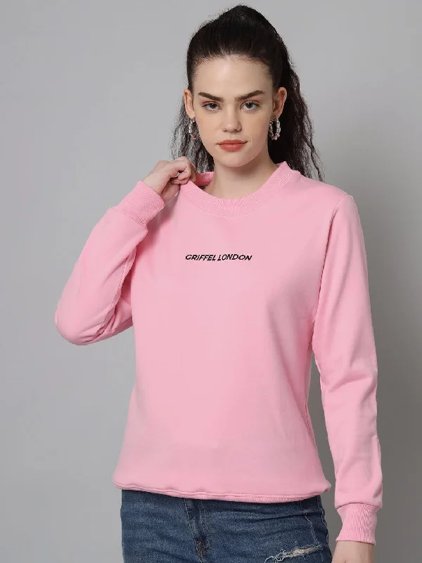 Griffel Women’s Printed Round Neck Pink Cotton Fleece Full Sleeve Sweatshirt