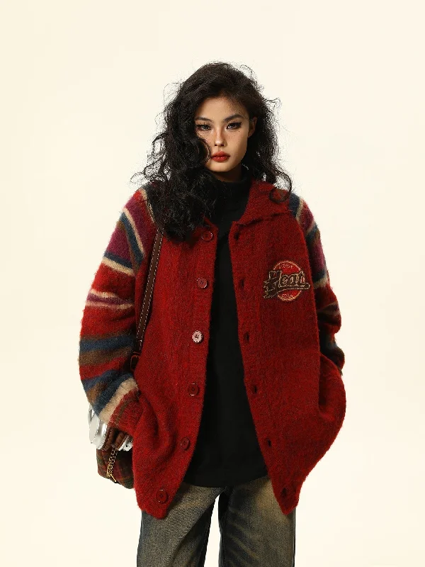 Vintage-Style Varsity Wool Cardigan Coat