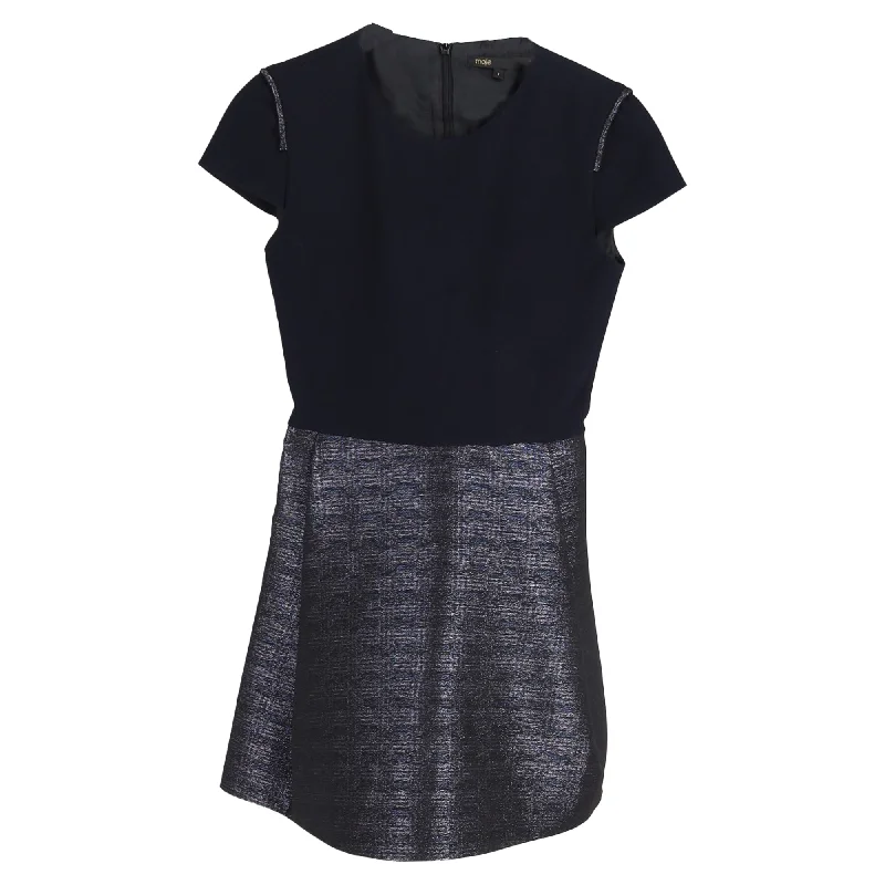 Maje Mini Two-Tone Short Sleeve Dress in Navy Blue and Silver Polyester