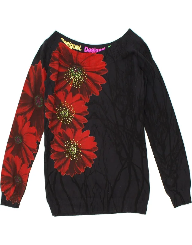 DESIGUAL Womens Boat Neck Jumper Sweater UK 14 Large Black Floral Cotton