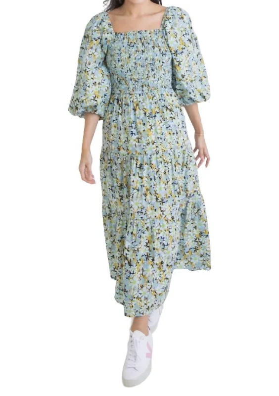 Poplin Smock Tier Dress In Blue Floral