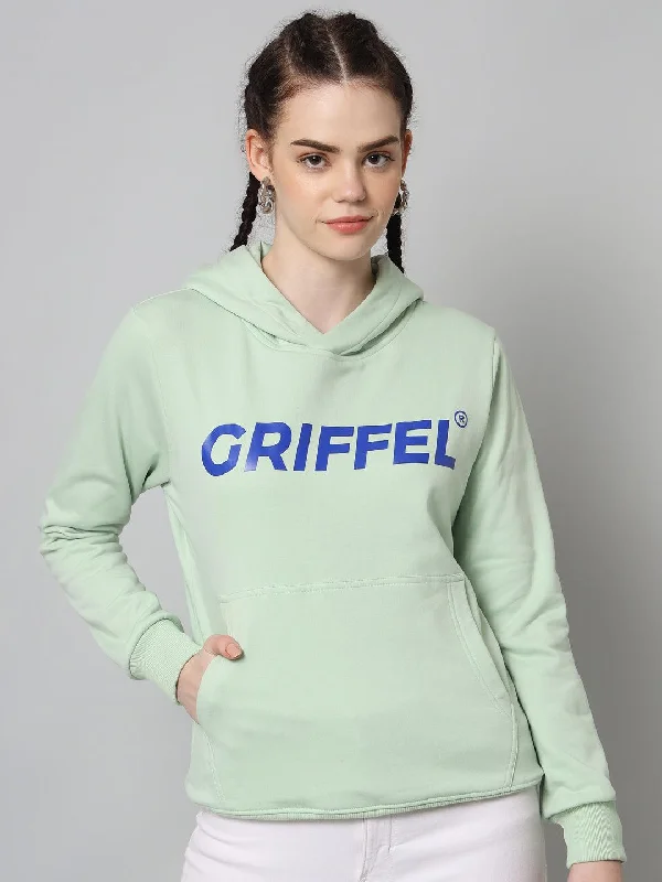 Griffel Women’s Cotton Fleece Full Sleeve Hoodie Sea Green Printed Sweatshirt