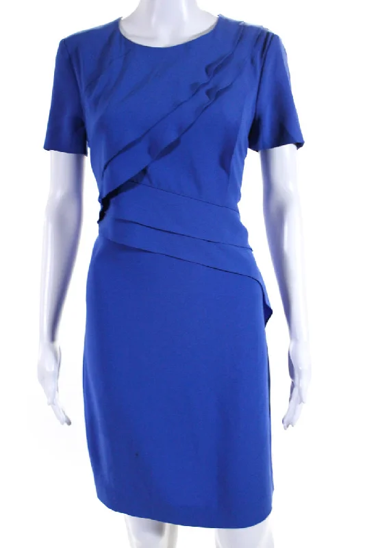 Escada Womens Short Sleeve Ruffle Crew Neck Sheath Dress Blue