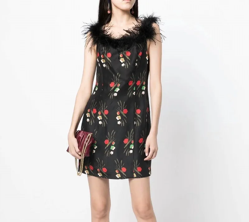 Floral-Print Feather-Trim Mini Dress In Black