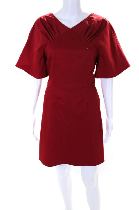 Carolina Herrera Womens Cotton Pleated Short Sleeve Zip Up Dress Red