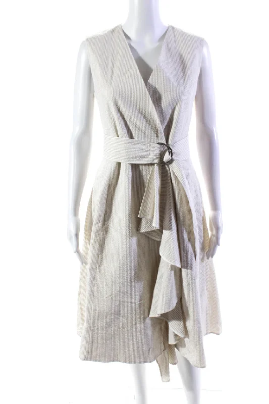 Adeam Womens Cotton Striped Seersucker Ruffle Belted Wrap Dress Beige