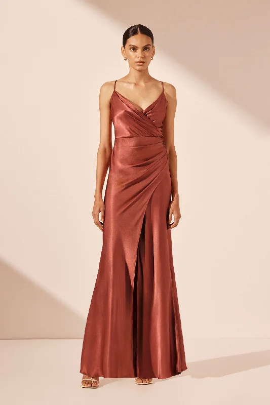 LA LUNE CROSS DRAPED MAXI DRESS - TERRACOTTA