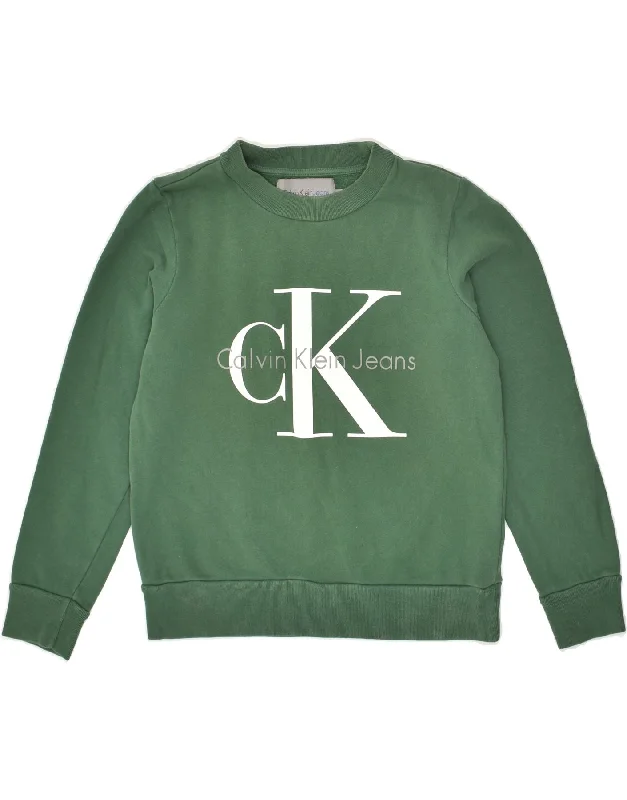 CALVIN KLEIN Womens Graphic Sweatshirt Jumper UK 6 XS Green Cotton