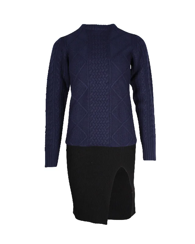 Sacai Textured Knit Side Slit Mini Dress in Navy Blue and Black Wool