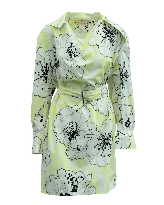 Marni Floral Belted Dress in Yellow Cotton