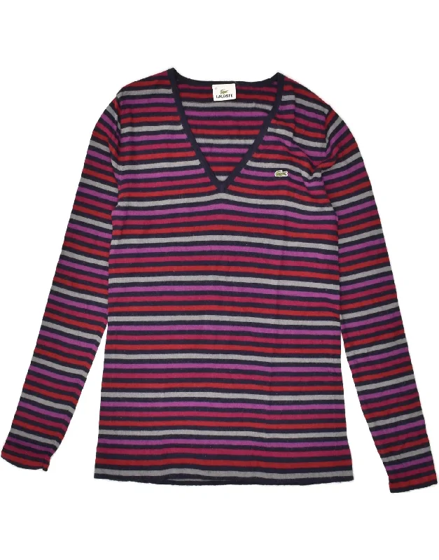 LACOSTE Womens V-Neck Jumper Sweater Size 42 Large Pink Striped