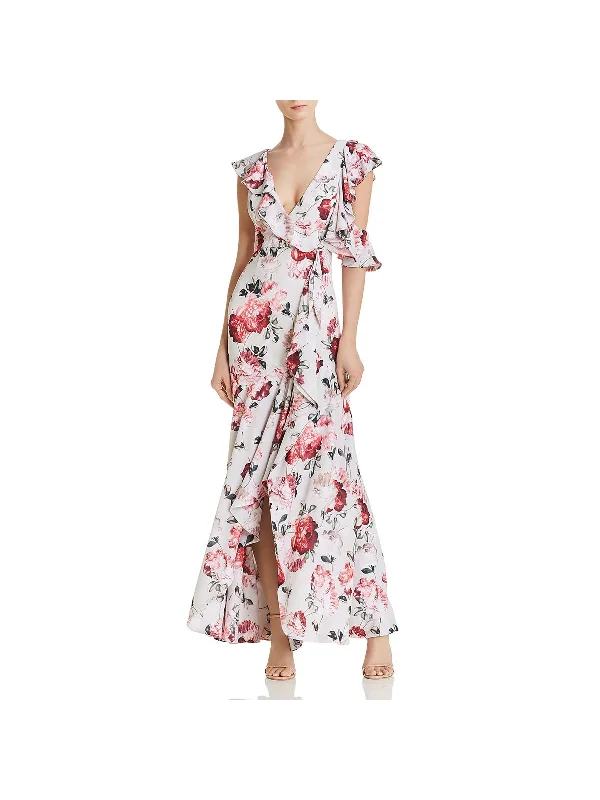 Beckman Womens Floral Print Ruffled Sleeves Evening Dress